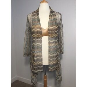Chico's Sheer Coquette Brown/Tan Geo Striped Open Knit Poly/Rayon Cardigan 12‎